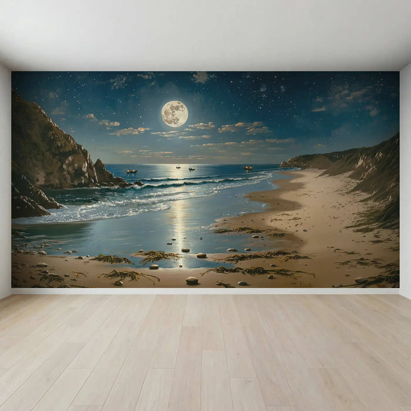 Full view of Silver Moon Ocean Wallpaper Mural by Whimsy Tots