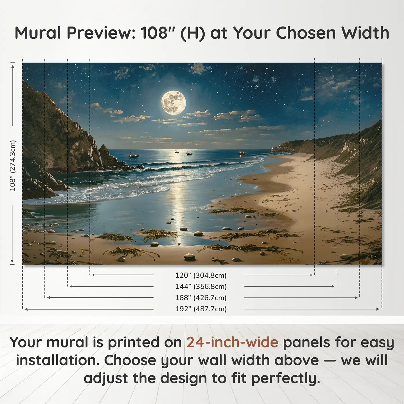 Panel layout and dimensions for Silver Moon Ocean Wallpaper Mural by Whimsy Tots