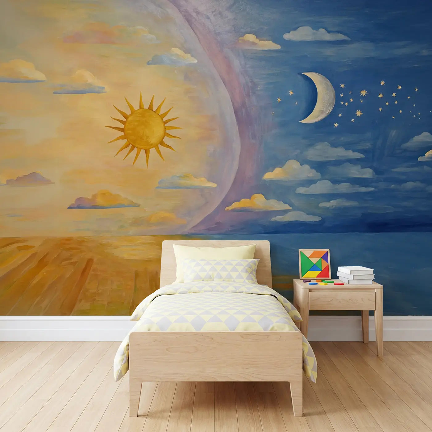 Modern Illustration sun and moon celestial meeting wallpaper mural for kids room by Whimsy Tots