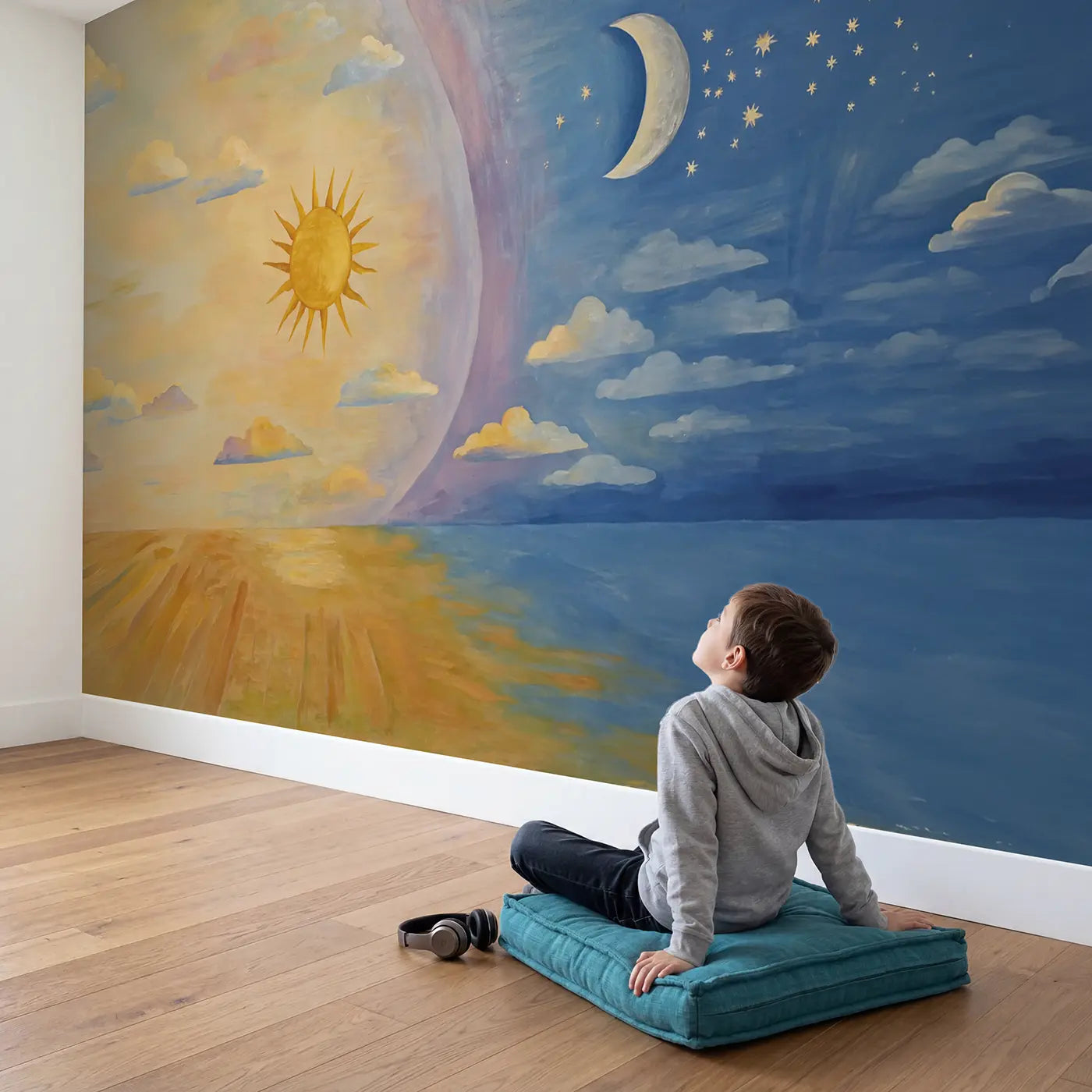 Child in nursery with Sun and Moon Celestial Meeting Wallpaper Mural by Whimsy Tots