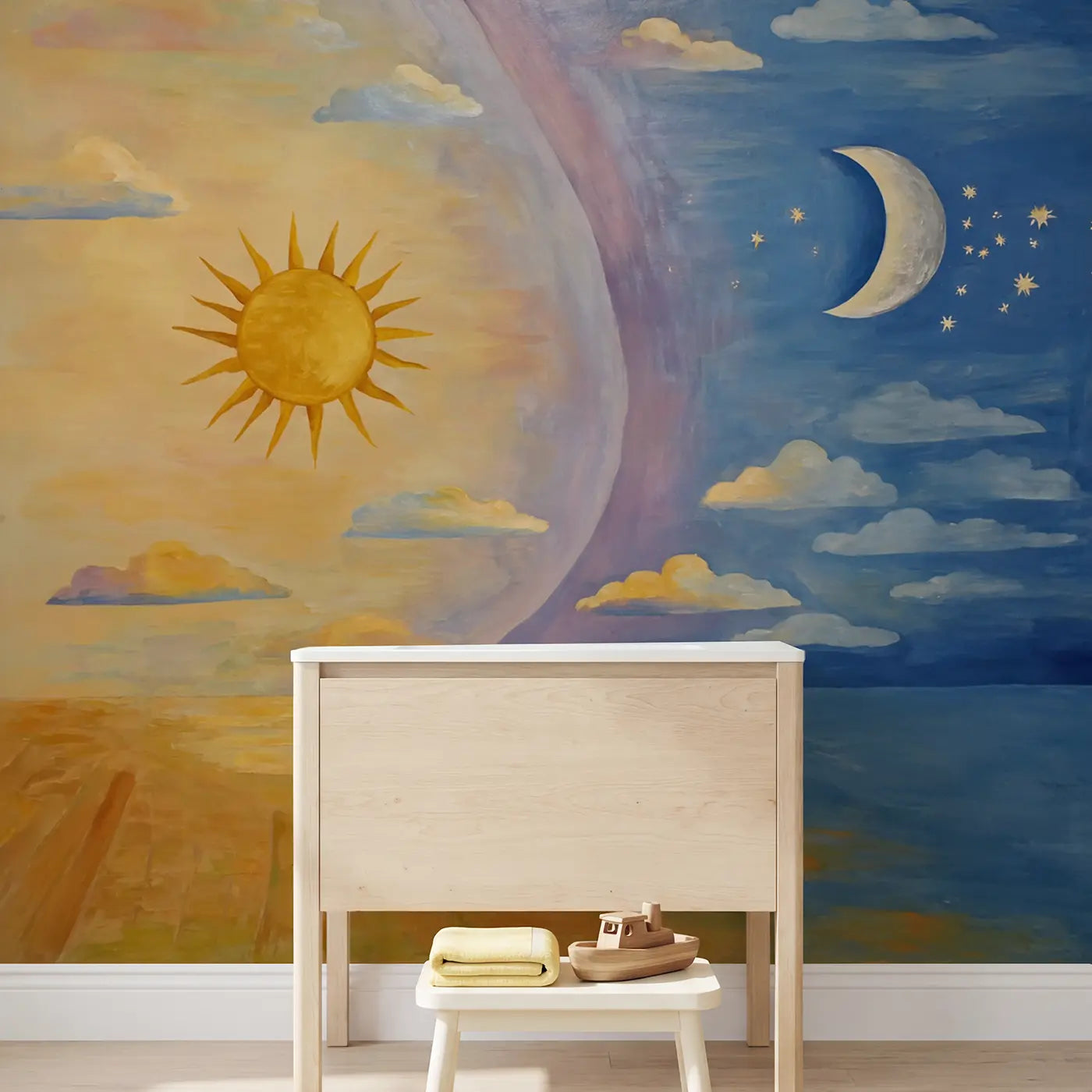Sun and Moon Celestial Meeting Wallpaper Mural in playroom setting by Whimsy Tots