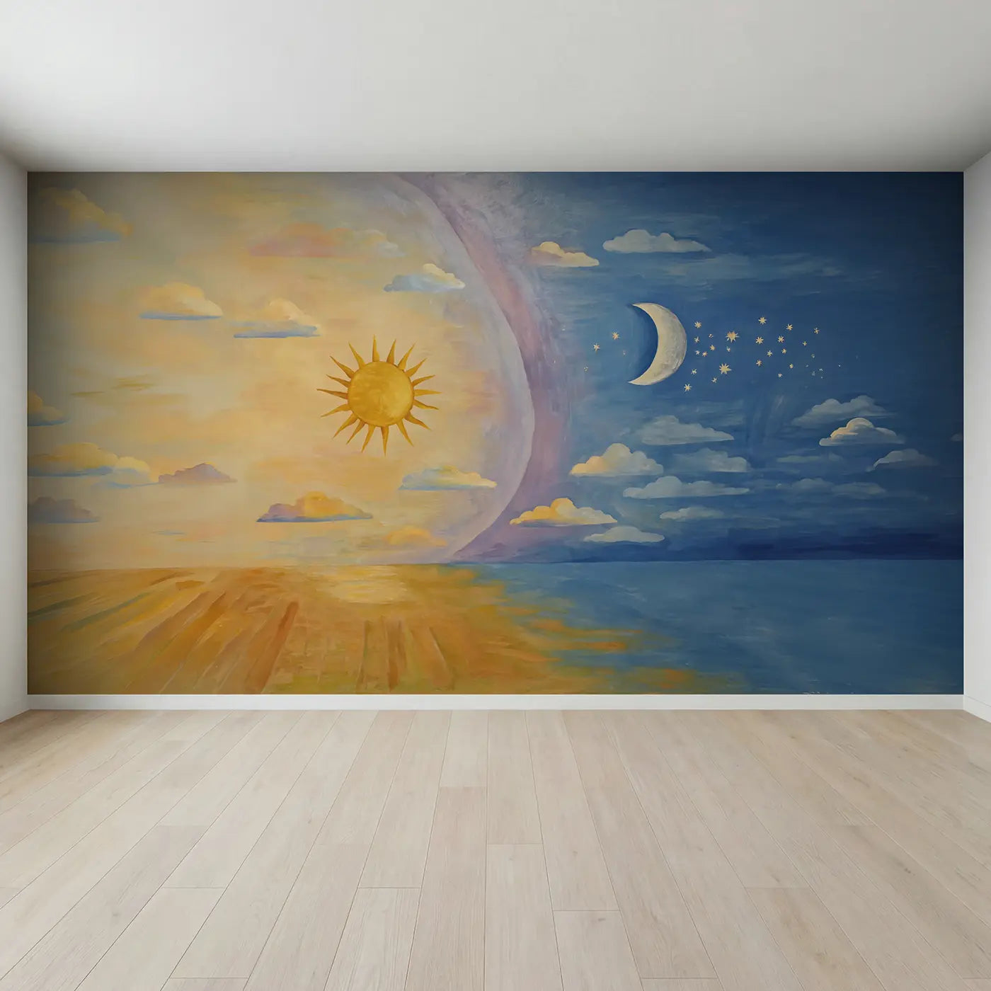 Full view of Sun and Moon Celestial Meeting Wallpaper Mural by Whimsy Tots