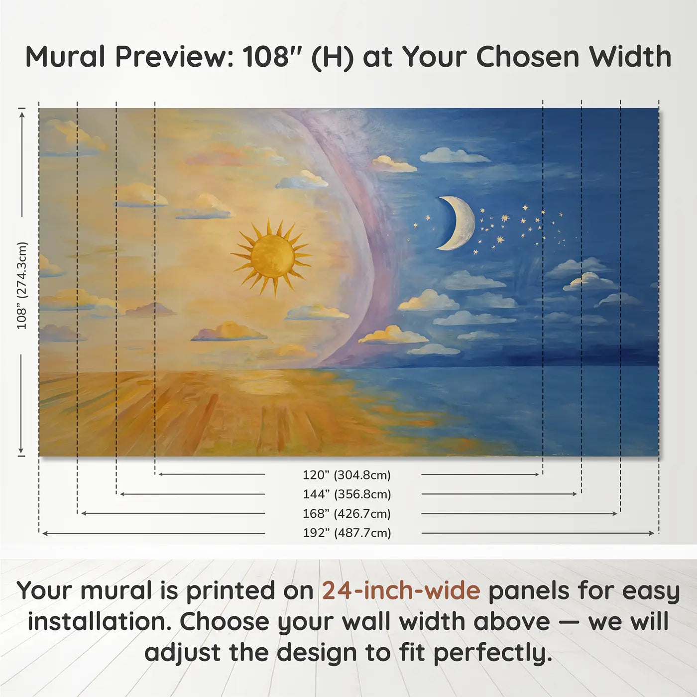 Panel layout and dimensions for Sun and Moon Celestial Meeting Wallpaper Mural by Whimsy Tots