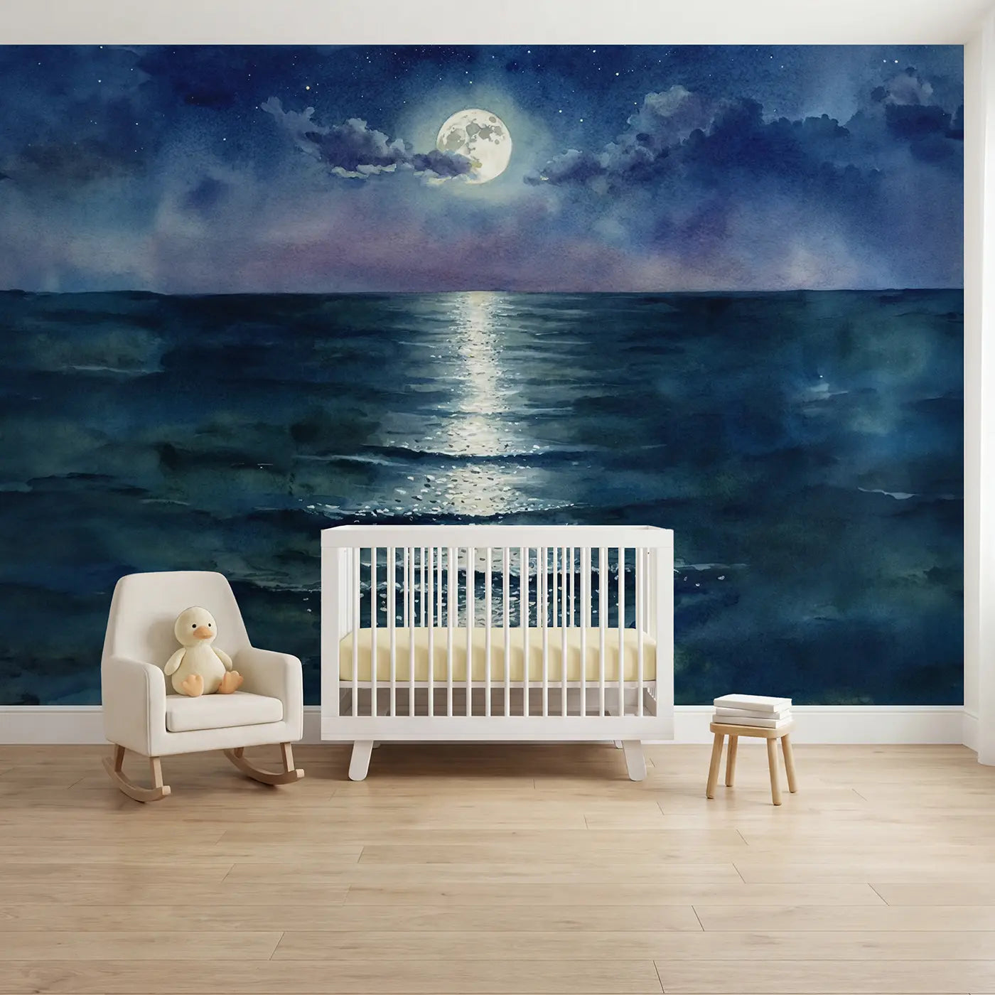Watercolor moonpath ocean night wallpaper mural for nursery by Whimsy Tots