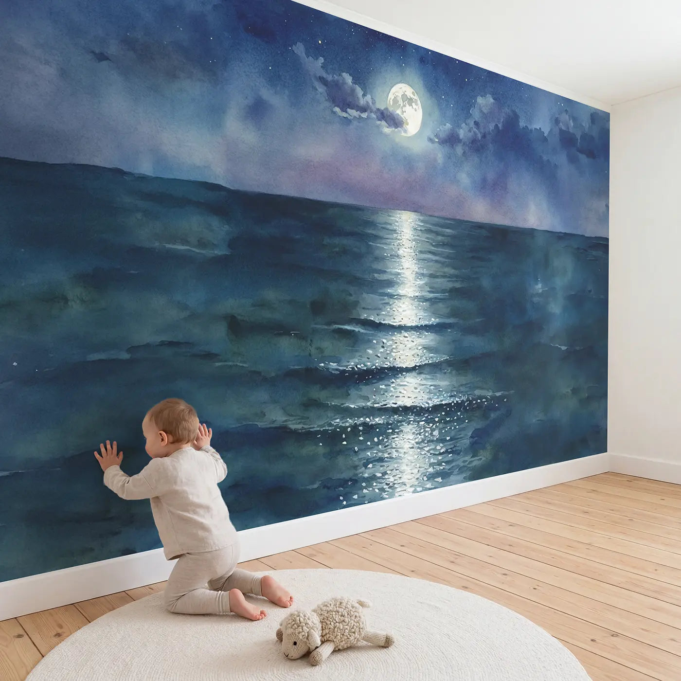 Child in nursery with Moonpath Ocean Night Wallpaper Mural by Whimsy Tots