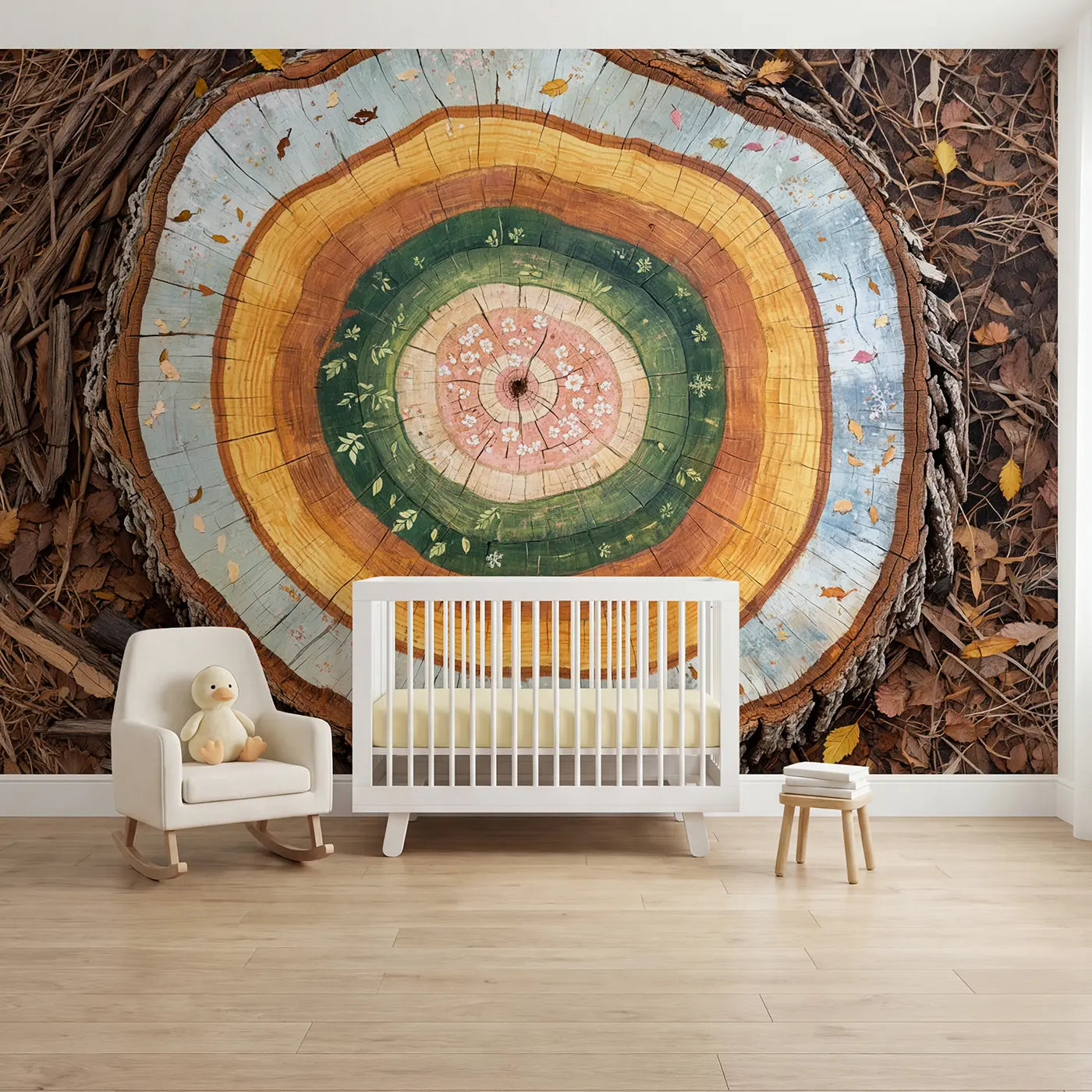 Soft pastel tree ring four seasons wallpaper mural for kids room by Whimsy Tots