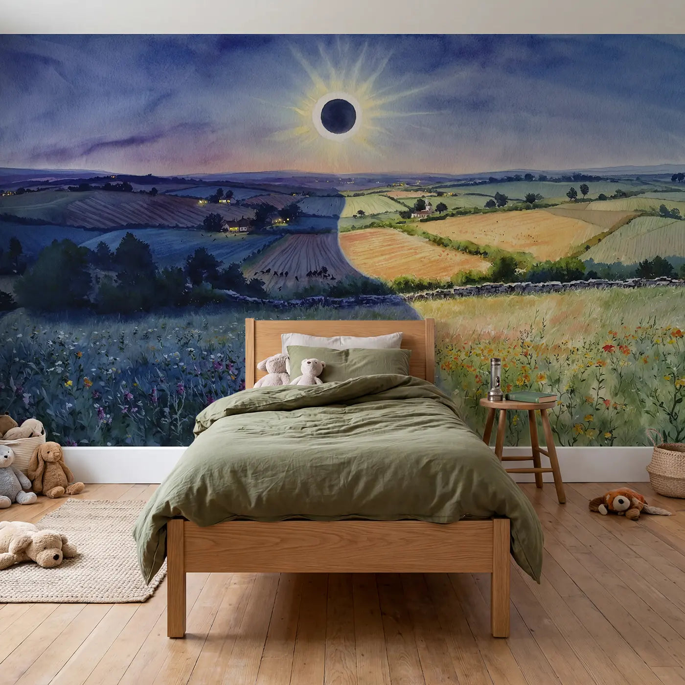 Watercolor eclipse shadow landscape celestial wallpaper mural for kids room by Whimsy Tots