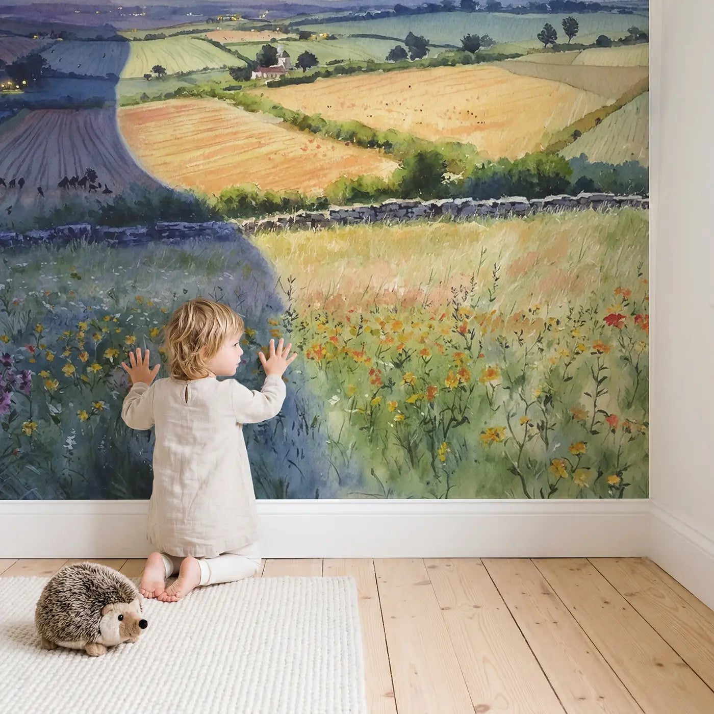 Child in nursery with Eclipse Shadow Landscape Wallpaper Mural by Whimsy Tots