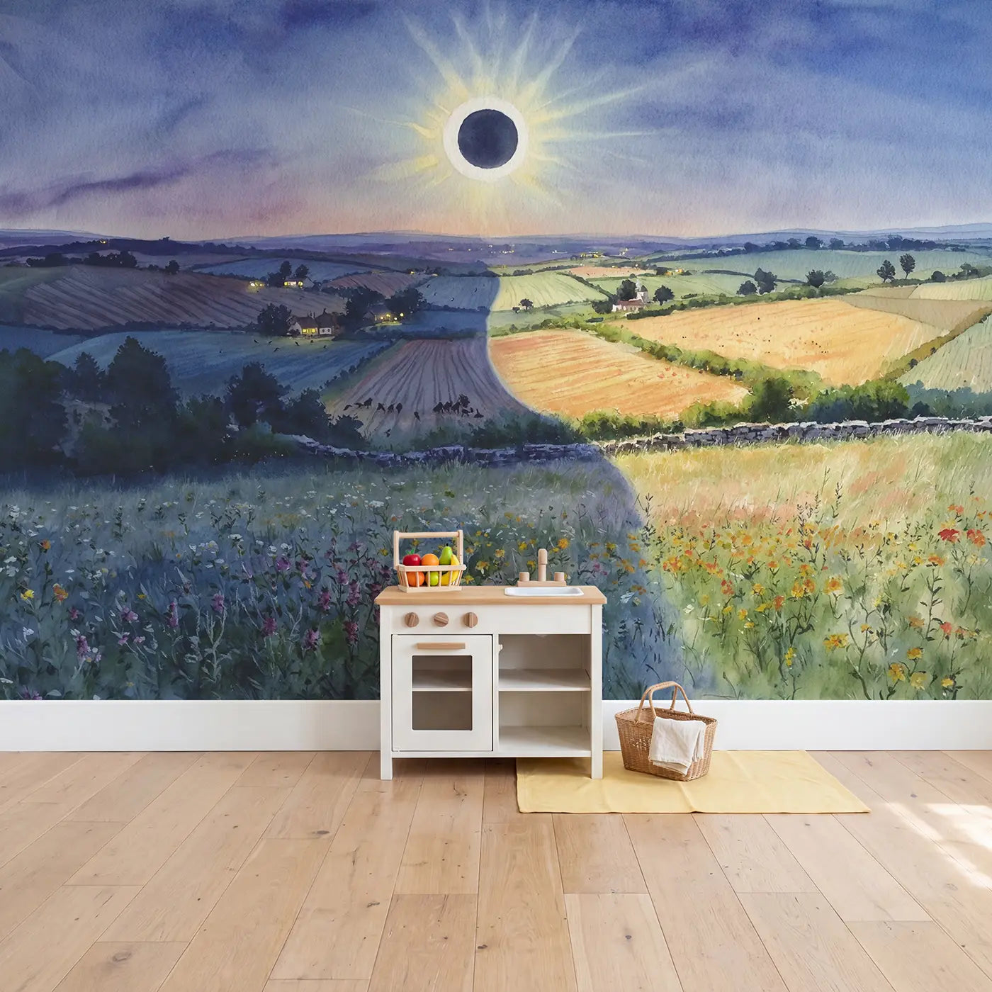 Eclipse Shadow Landscape Wallpaper Mural in playroom setting by Whimsy Tots