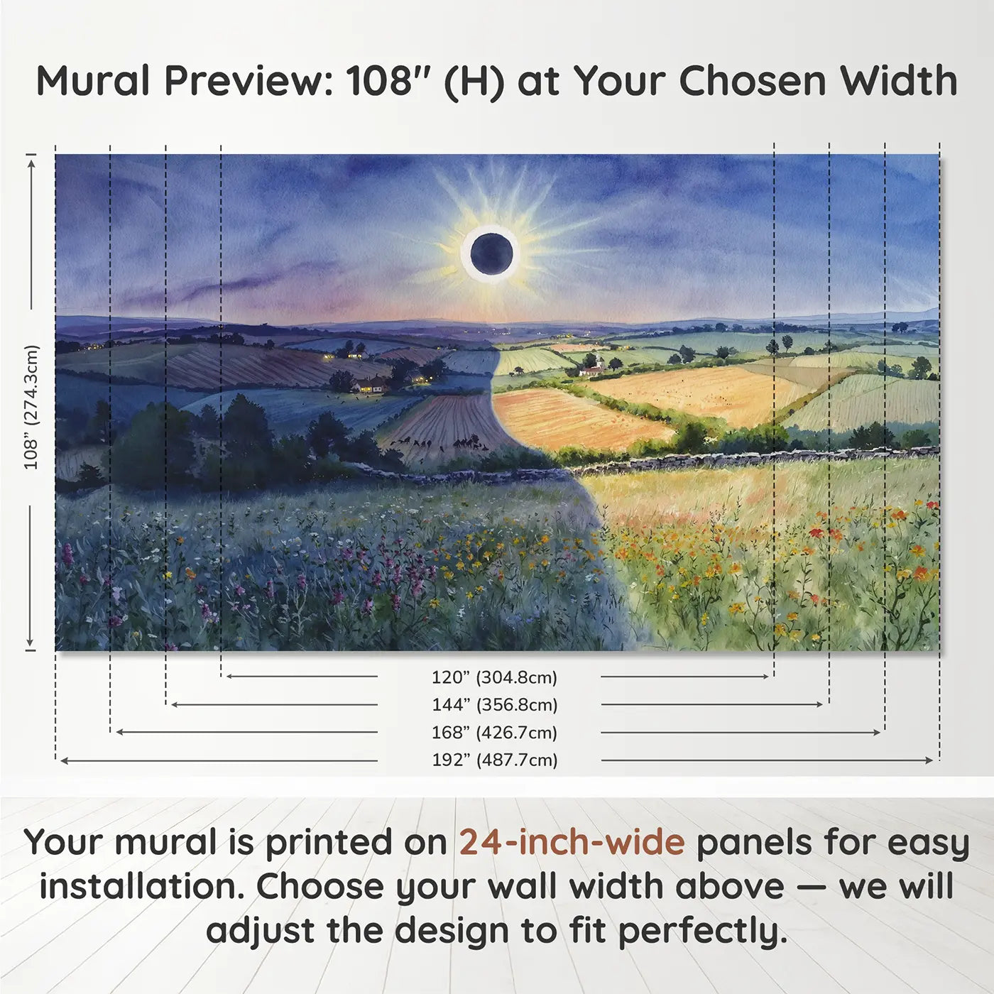 Panel layout and dimensions for Eclipse Shadow Landscape Wallpaper Mural by Whimsy Tots