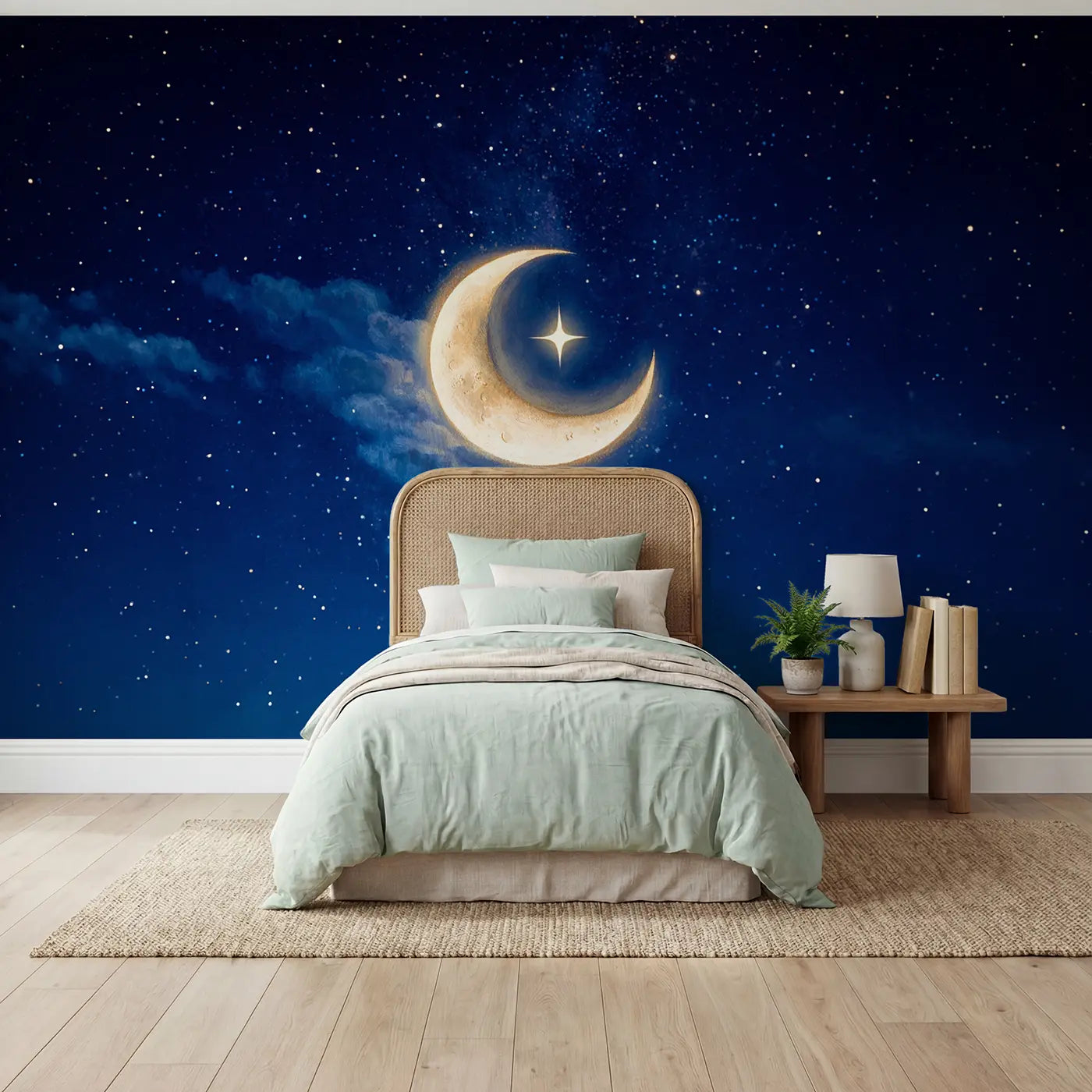 soft pastel crescent moon star night sky mural for kids room by Whimsy Tots