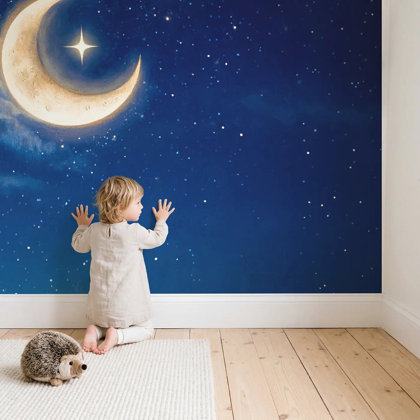 Child in nursery with Crescent Moon Cradling Star Night Wallpaper Mural by Whimsy Tots