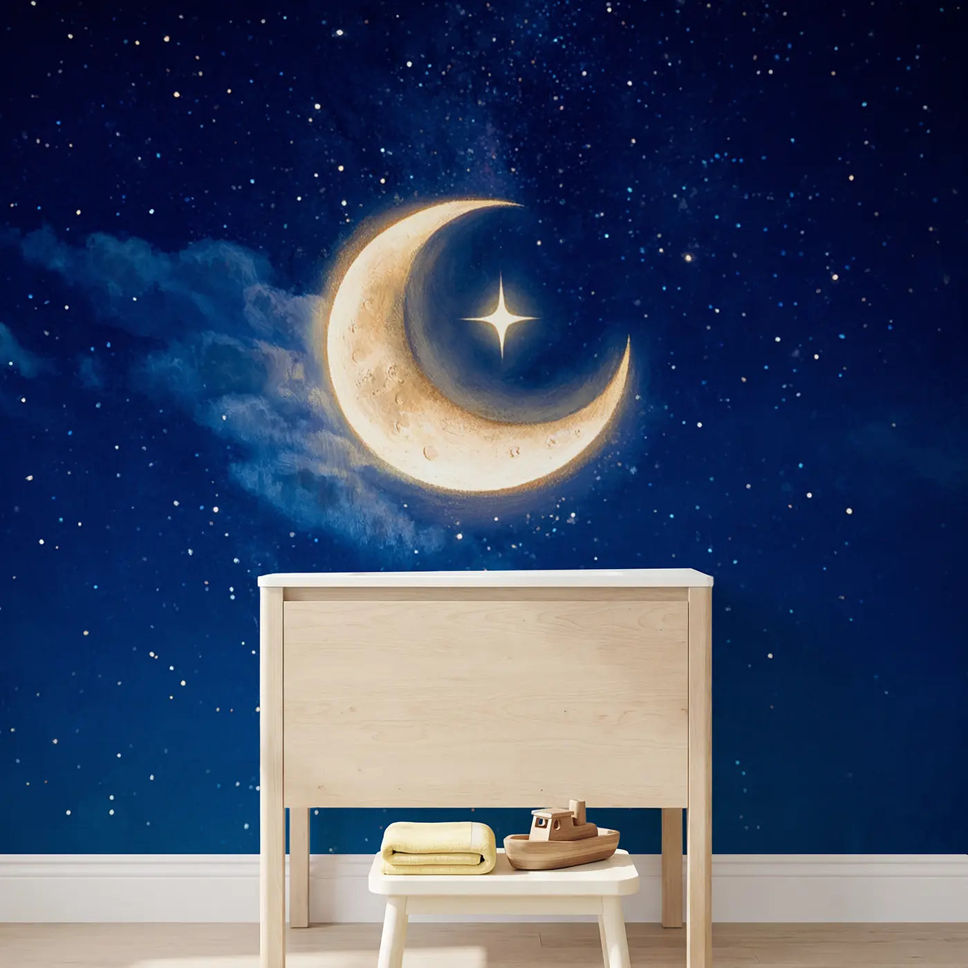 Crescent Moon Cradling Star Night Wallpaper Mural in playroom setting by Whimsy Tots
