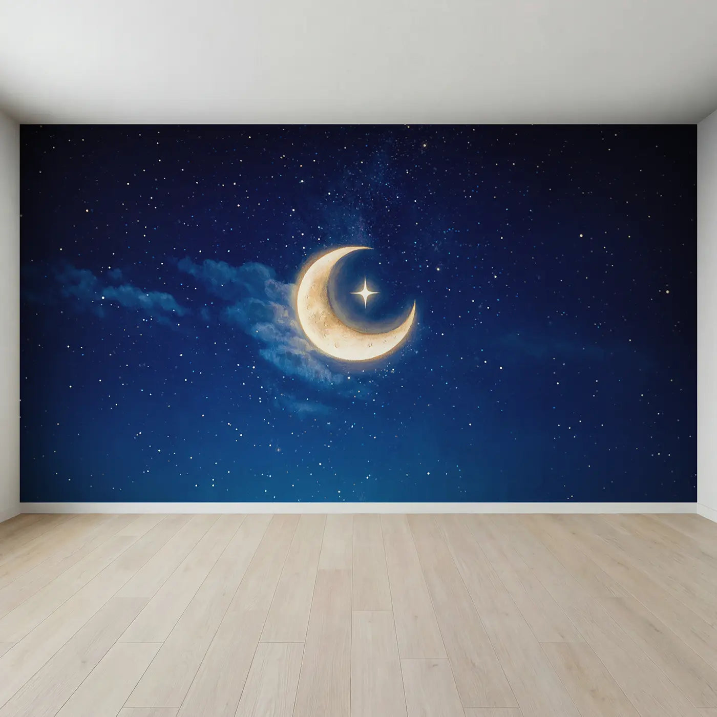 Full view of Crescent Moon Cradling Star Night Wallpaper Mural by Whimsy Tots