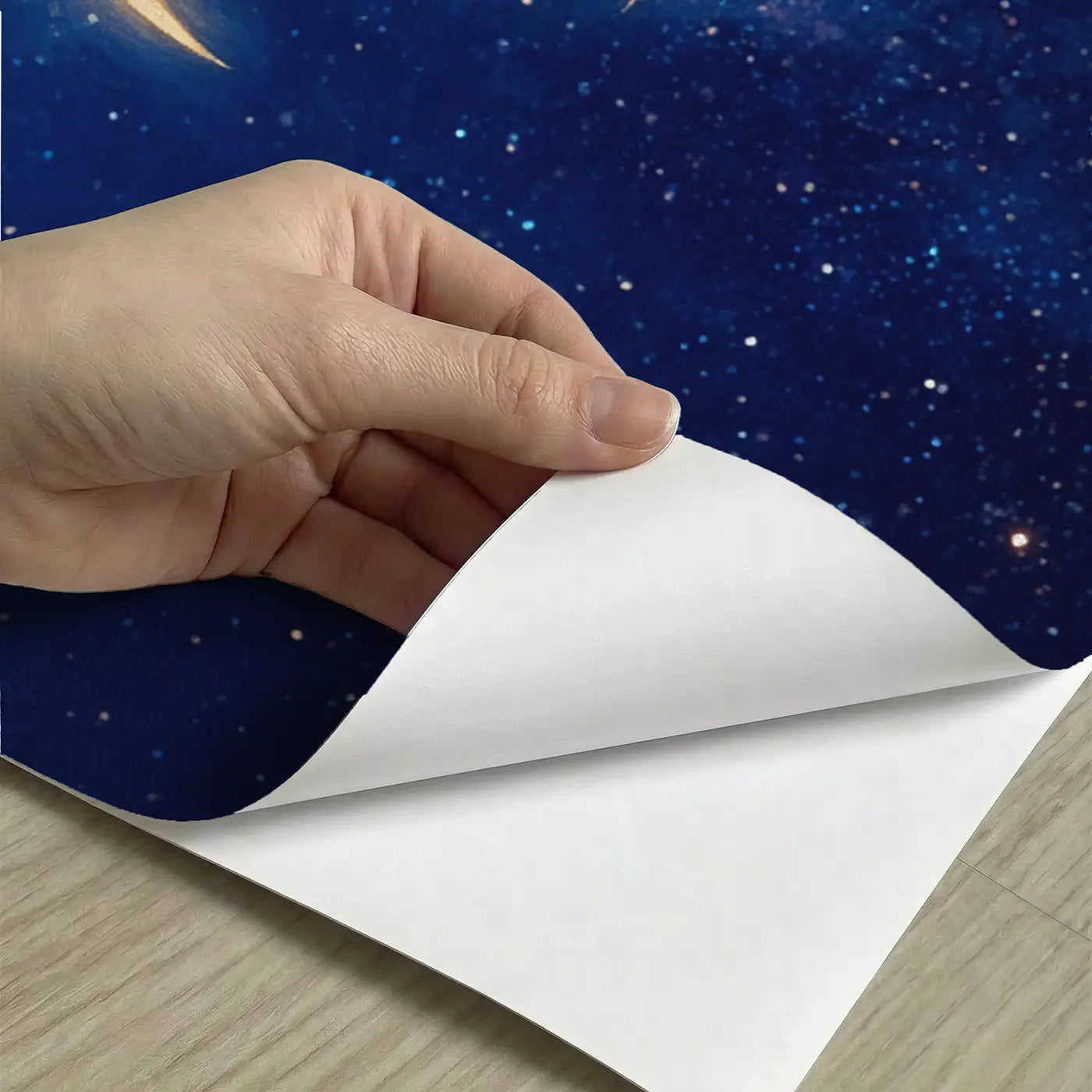 Peel-and-stick detail of Crescent Moon Cradling Star Night Wallpaper Mural by Whimsy Tots