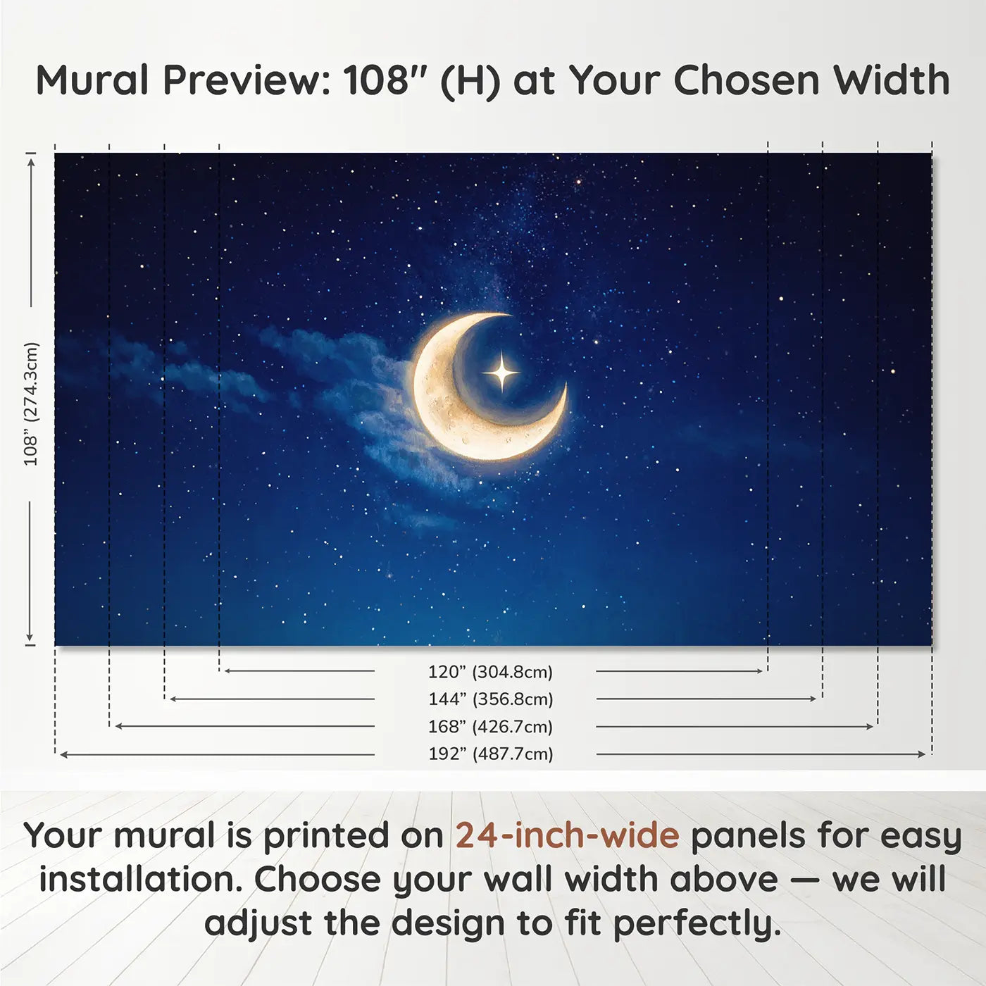 Panel layout and dimensions for Crescent Moon Cradling Star Night Wallpaper Mural by Whimsy Tots