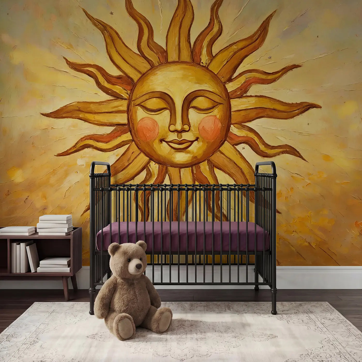 Painted Landscape folk art sun face golden wallpaper mural for nursery by Whimsy Tots