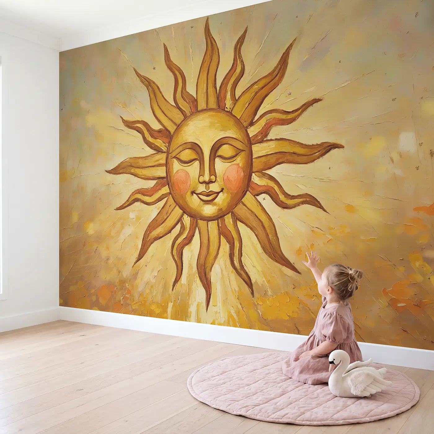 Child in nursery with Folk Art Sun Face Golden Wallpaper Mural by Whimsy Tots