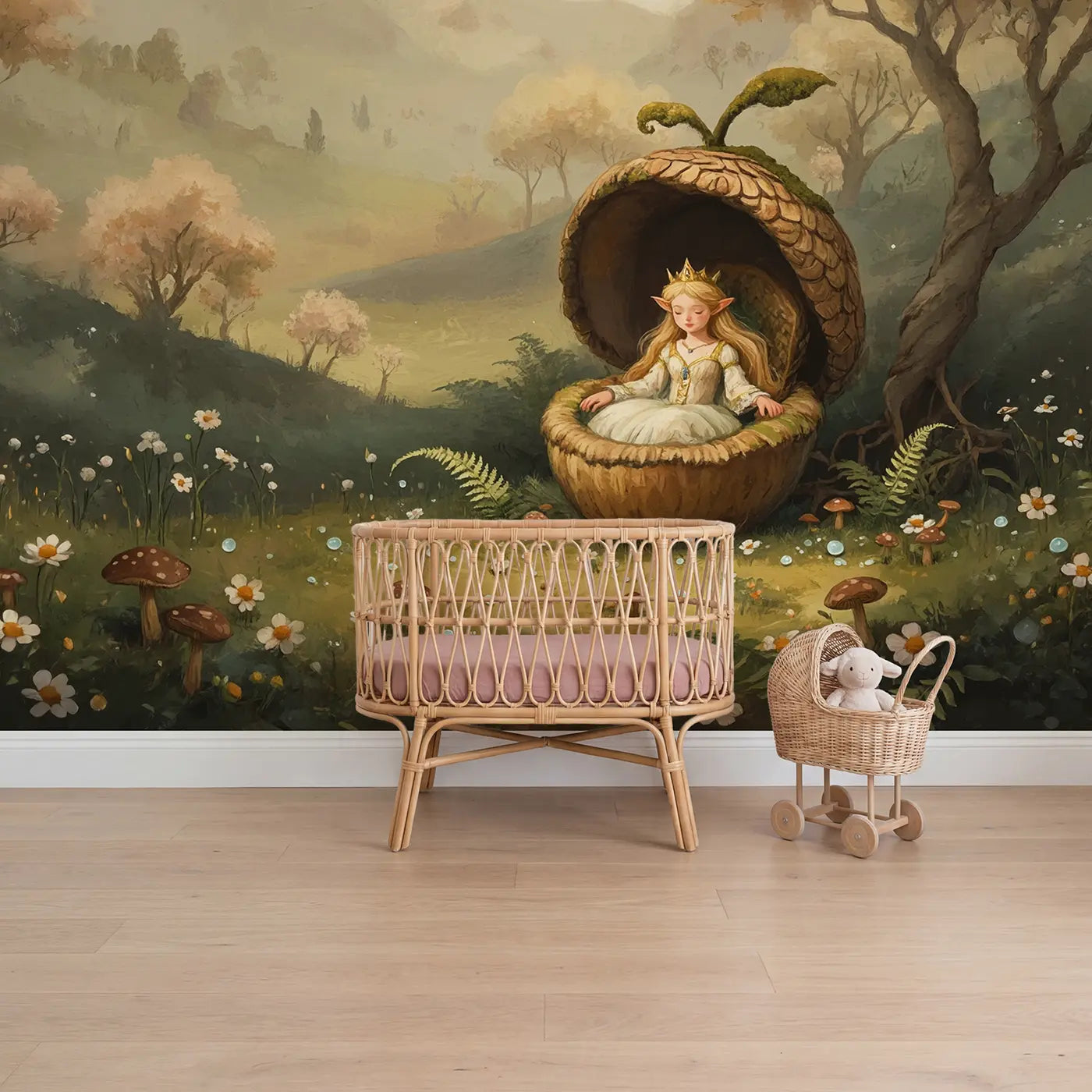 Soft pastel fairy queen acorn throne wallpaper mural for nursery by Whimsy Tots