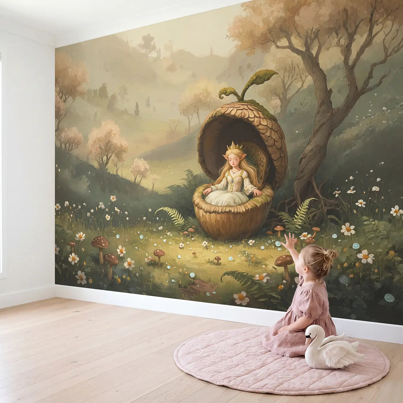 Child in nursery with Fairy Queen Acorn Throne Wallpaper Mural by Whimsy Tots