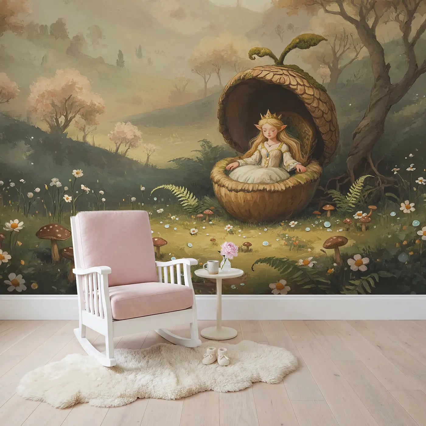 Fairy Queen Acorn Throne Wallpaper Mural in playroom setting by Whimsy Tots