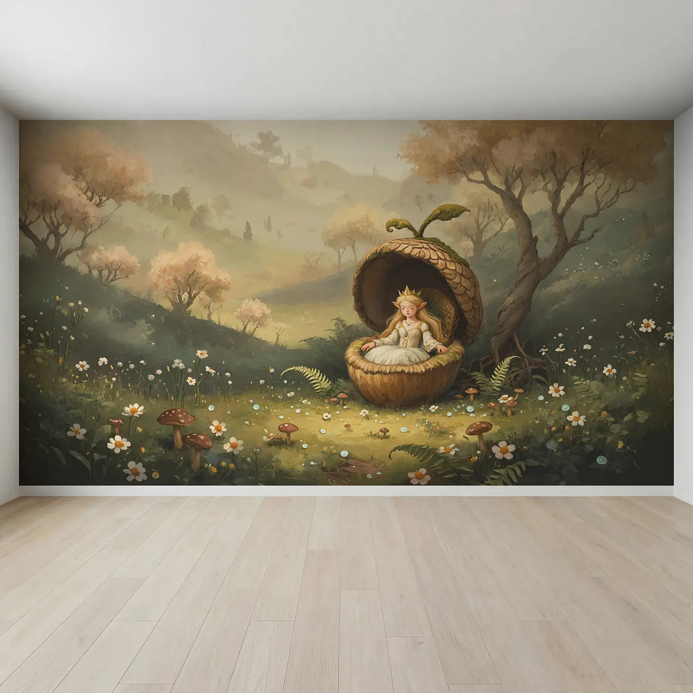 Full view of Fairy Queen Acorn Throne Wallpaper Mural by Whimsy Tots