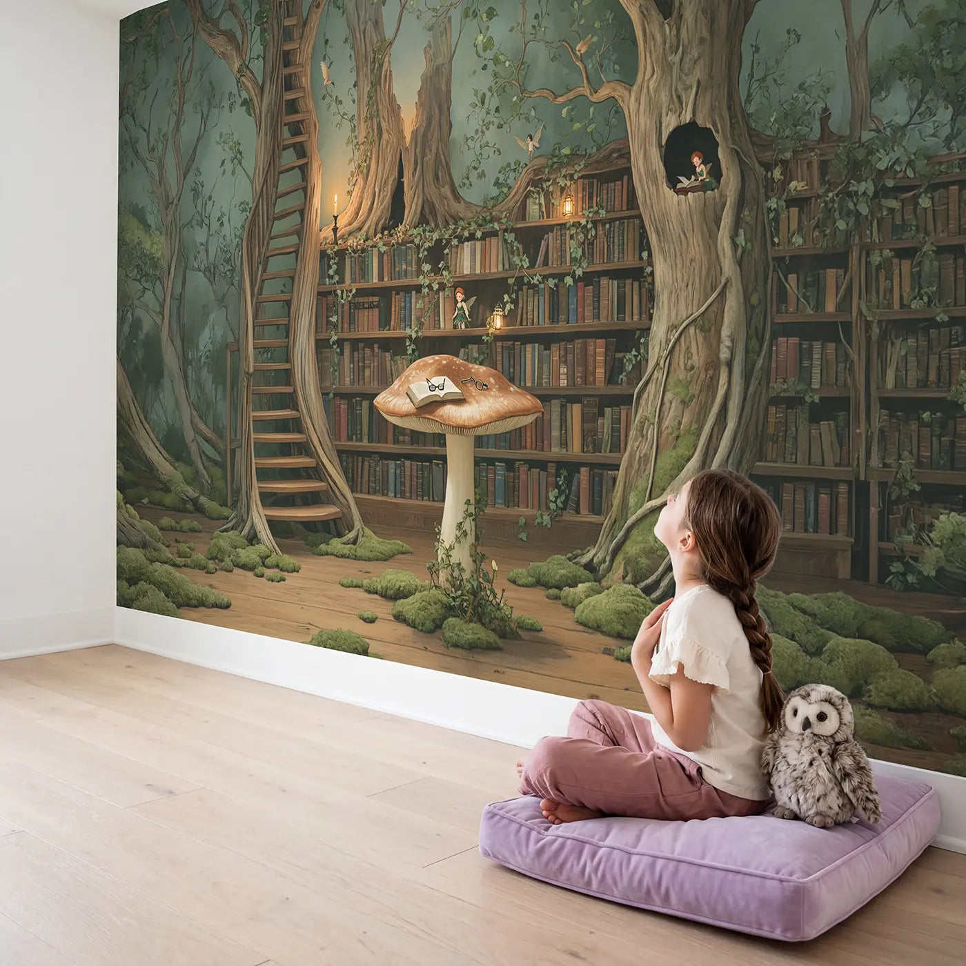 Child in nursery with Fairy Hollow Tree Library Wallpaper Mural by Whimsy Tots