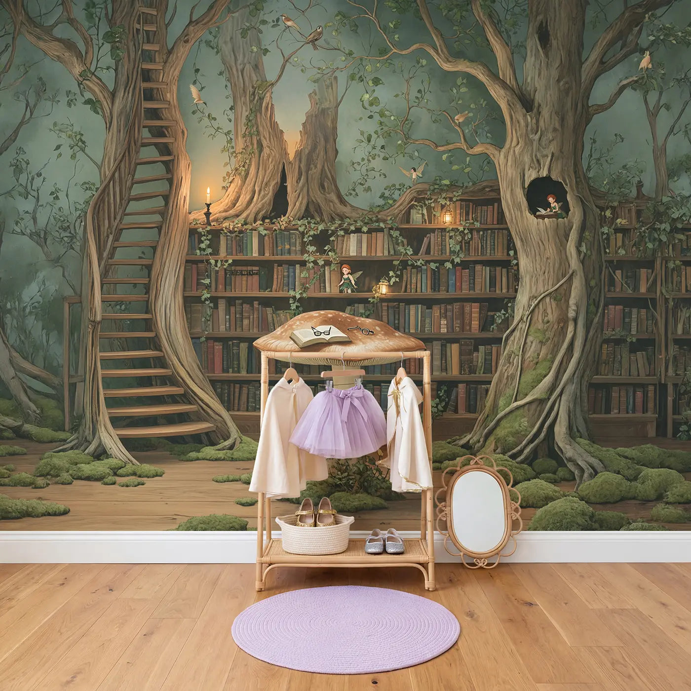 Fairy Hollow Tree Library Wallpaper Mural in playroom setting by Whimsy Tots