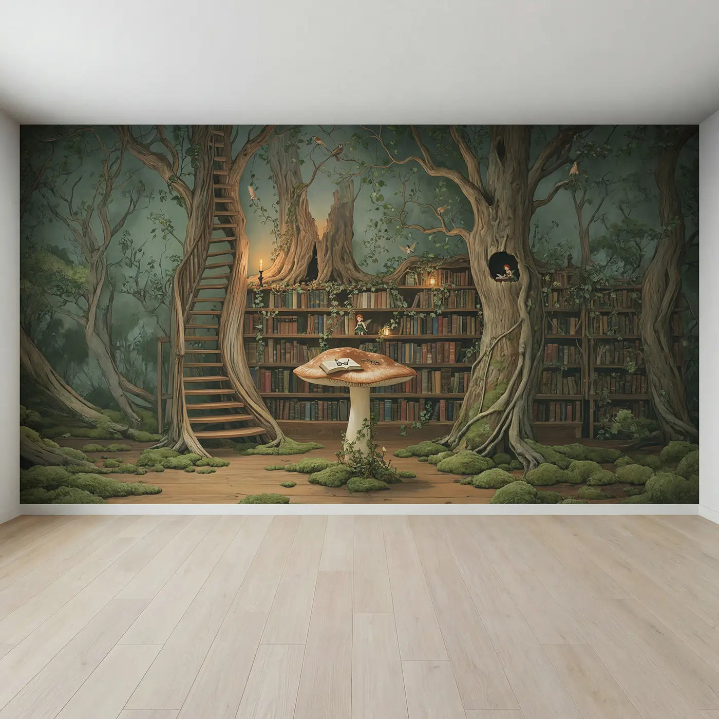 Full view of Fairy Hollow Tree Library Wallpaper Mural by Whimsy Tots