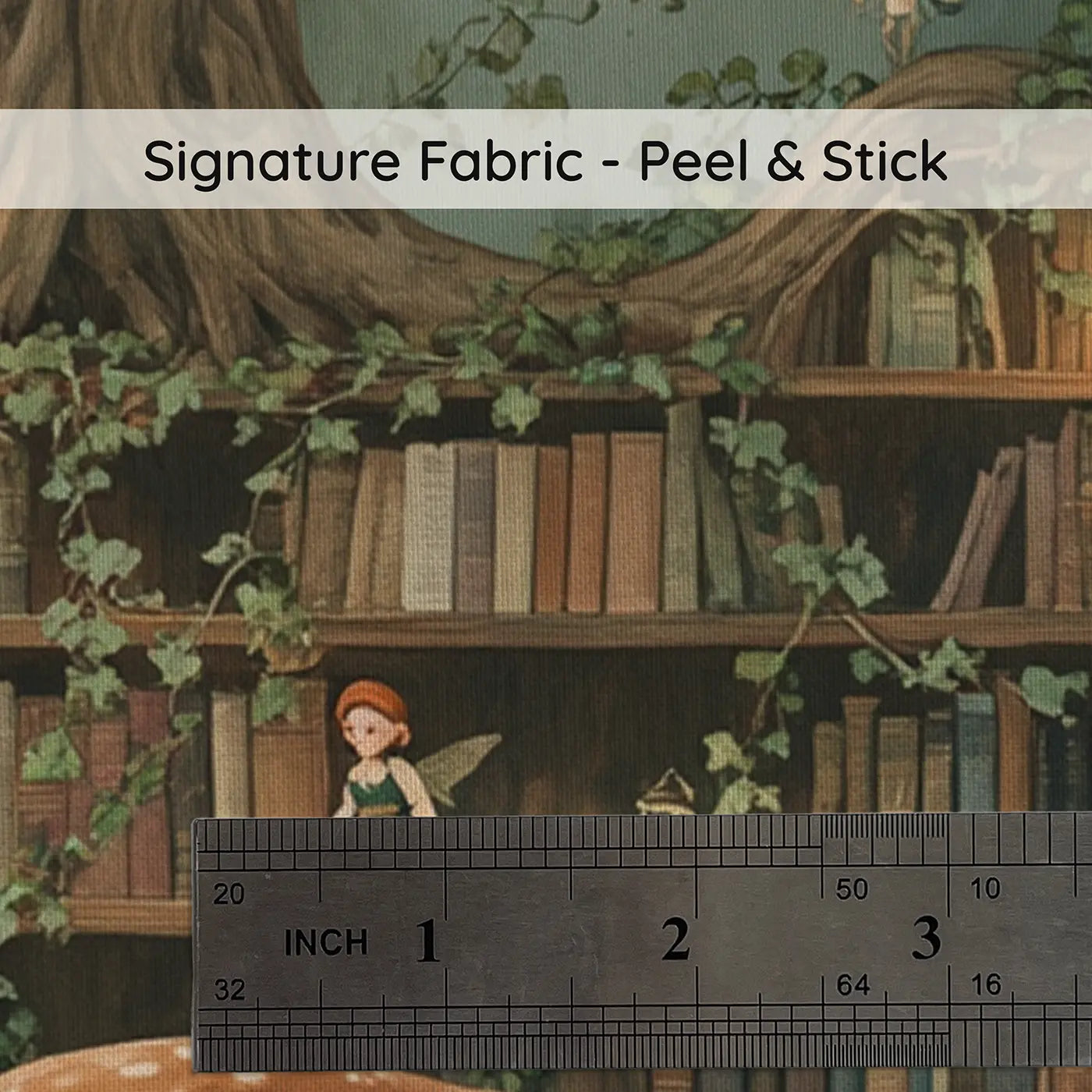 Fabric texture close-up of Fairy Hollow Tree Library Wallpaper Mural by Whimsy Tots