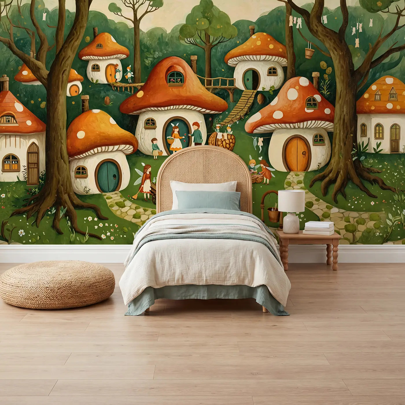 modern illustration fairy toadstool village cottages wallpaper mural for kids room by Whimsy Tots