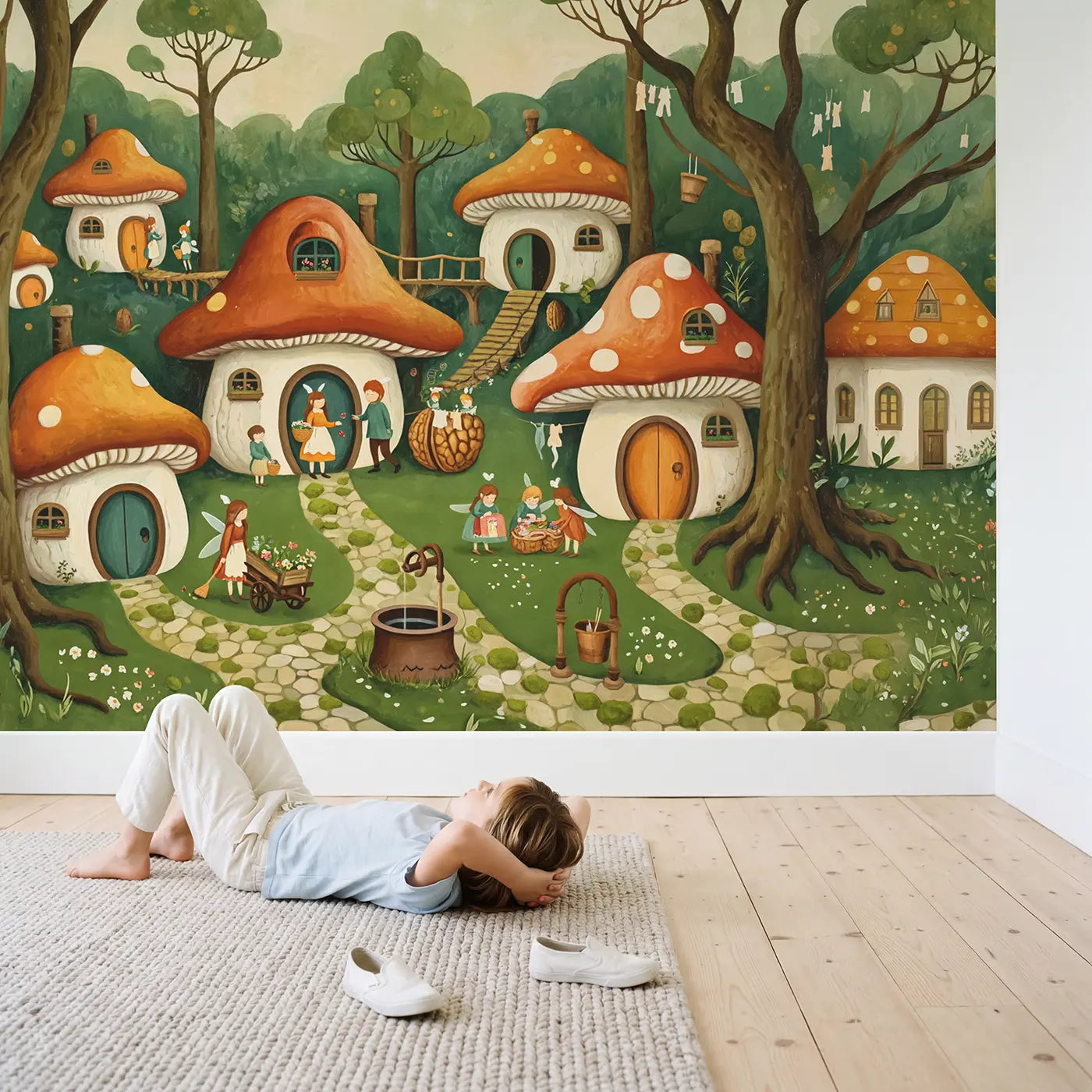 Child in nursery with Busy Fairy Toadstool Village Wallpaper Mural by Whimsy Tots