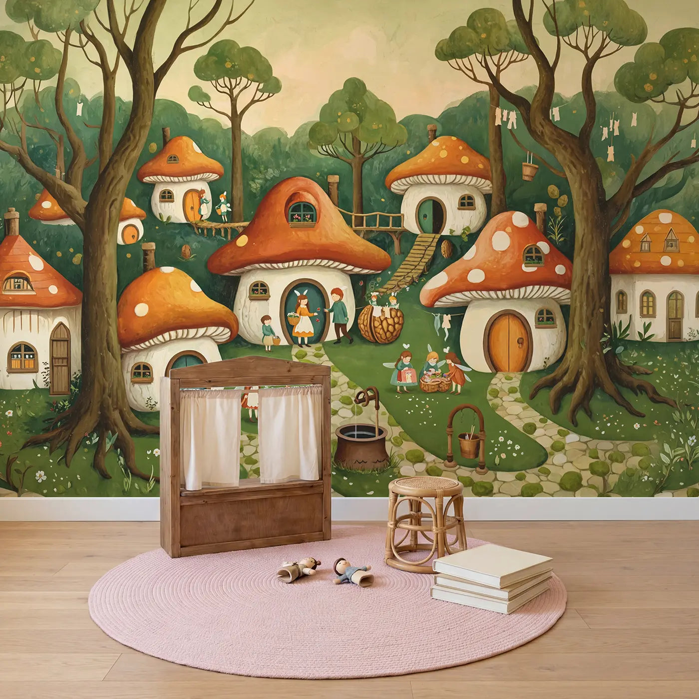 Busy Fairy Toadstool Village Wallpaper Mural in playroom setting by Whimsy Tots