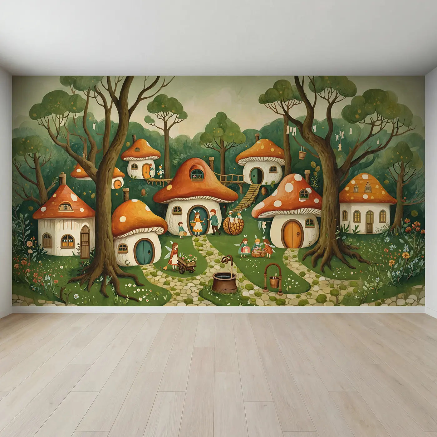 Full view of Busy Fairy Toadstool Village Wallpaper Mural by Whimsy Tots