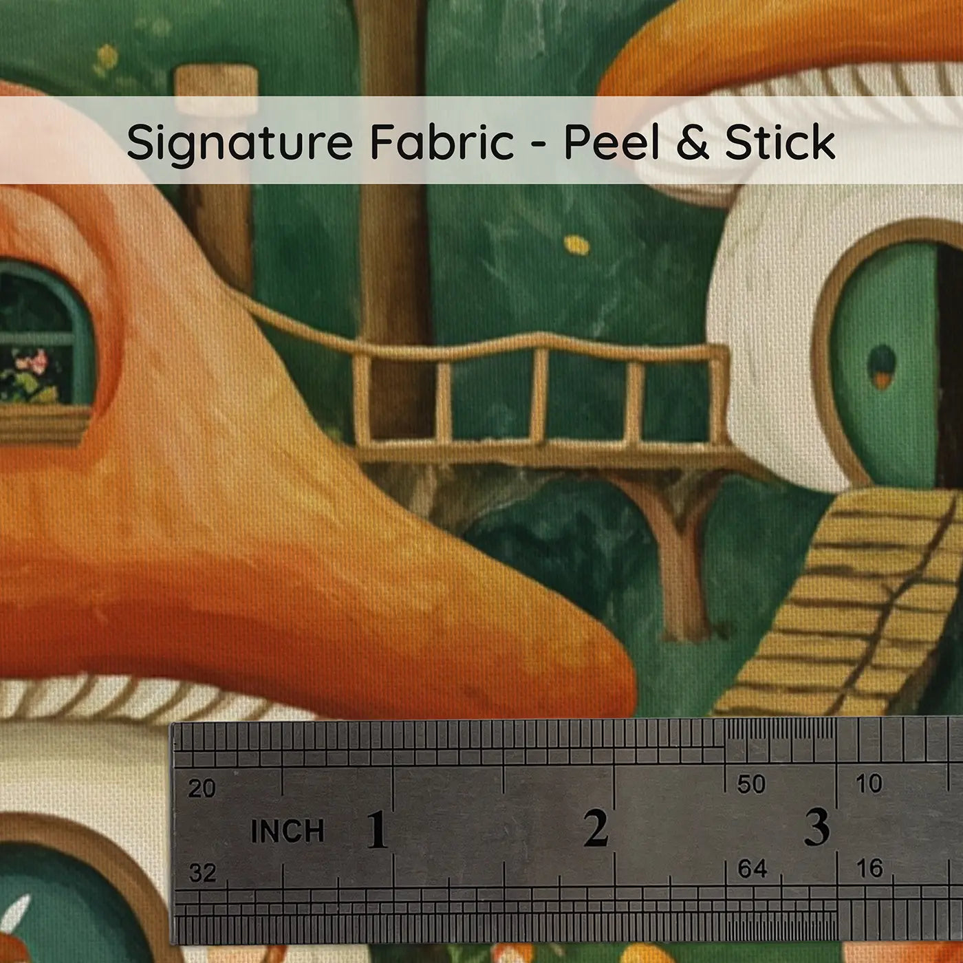 Fabric texture close-up of Busy Fairy Toadstool Village Wallpaper Mural by Whimsy Tots