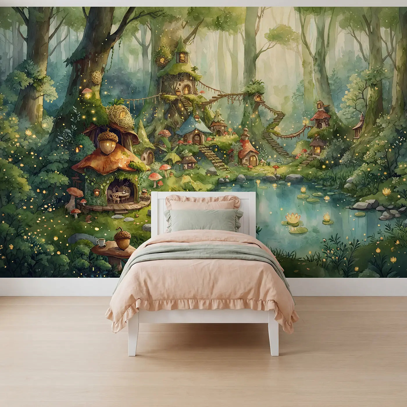 Watercolor fairy and treehouse lagoon wallpaper mural for girls room by Whimsy Tots
