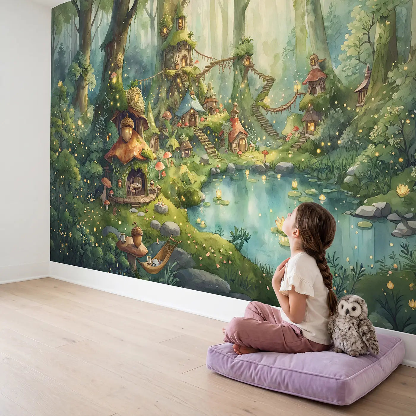 Child in nursery with Fairy Woodland Village Wallpaper Mural by Whimsy Tots