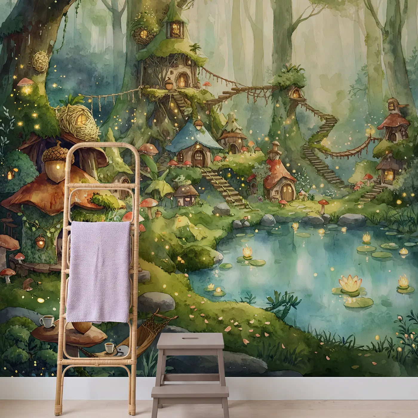 Fairy Woodland Village Wallpaper Mural in playroom setting by Whimsy Tots