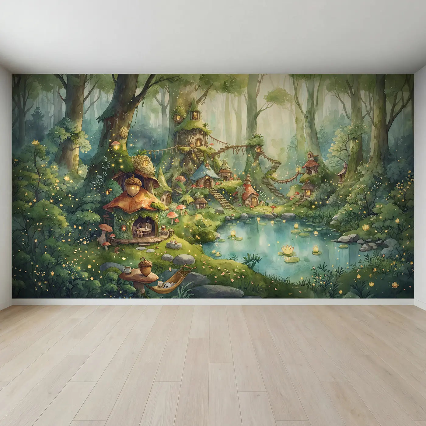 Full view of Fairy Woodland Village Wallpaper Mural by Whimsy Tots