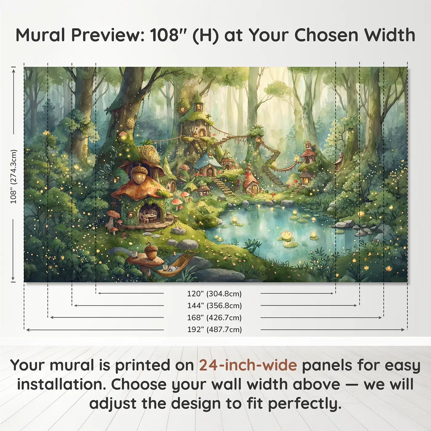 Panel layout and dimensions for Fairy Woodland Village Wallpaper Mural by Whimsy Tots