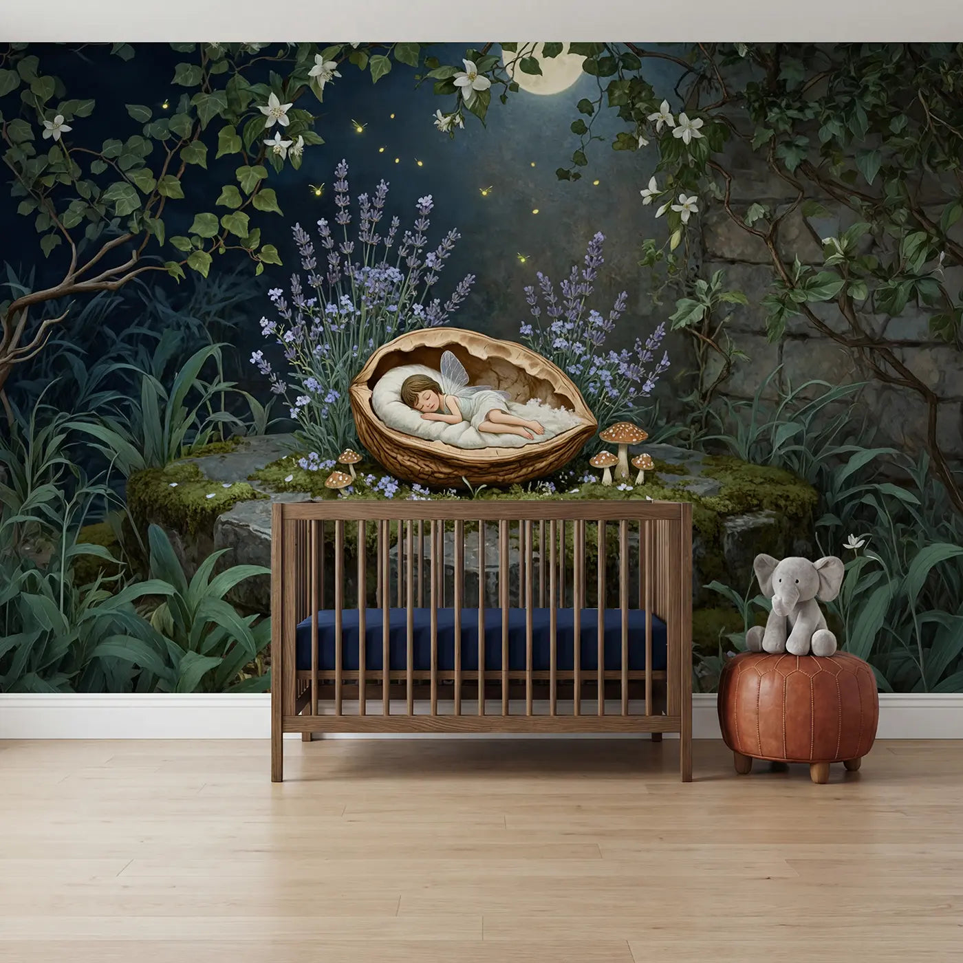 Botanical elegance sleeping fairy walnut bed wallpaper mural for nursery by Whimsy Tots
