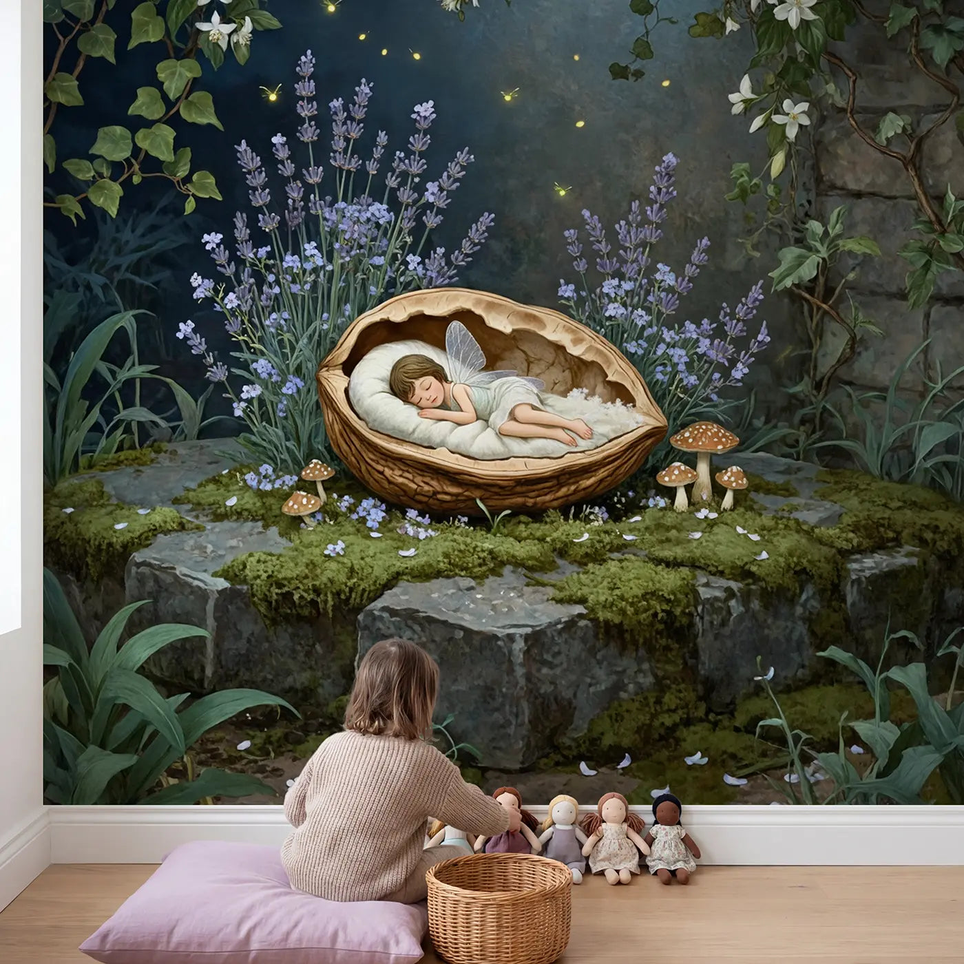 Child in nursery with Sleeping Fairy Walnut Bed Wallpaper Mural by Whimsy Tots