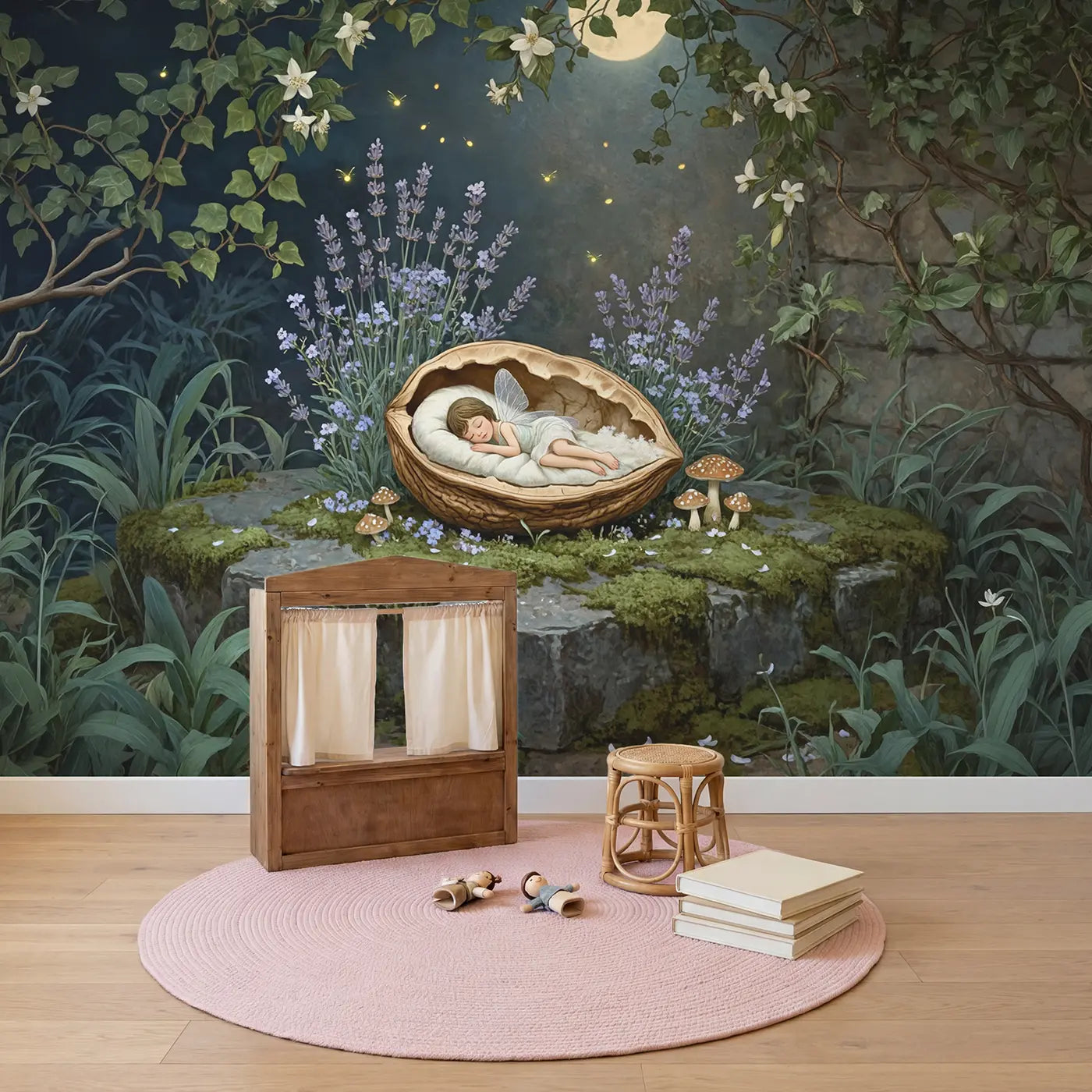 Sleeping Fairy Walnut Bed Wallpaper Mural in playroom setting by Whimsy Tots