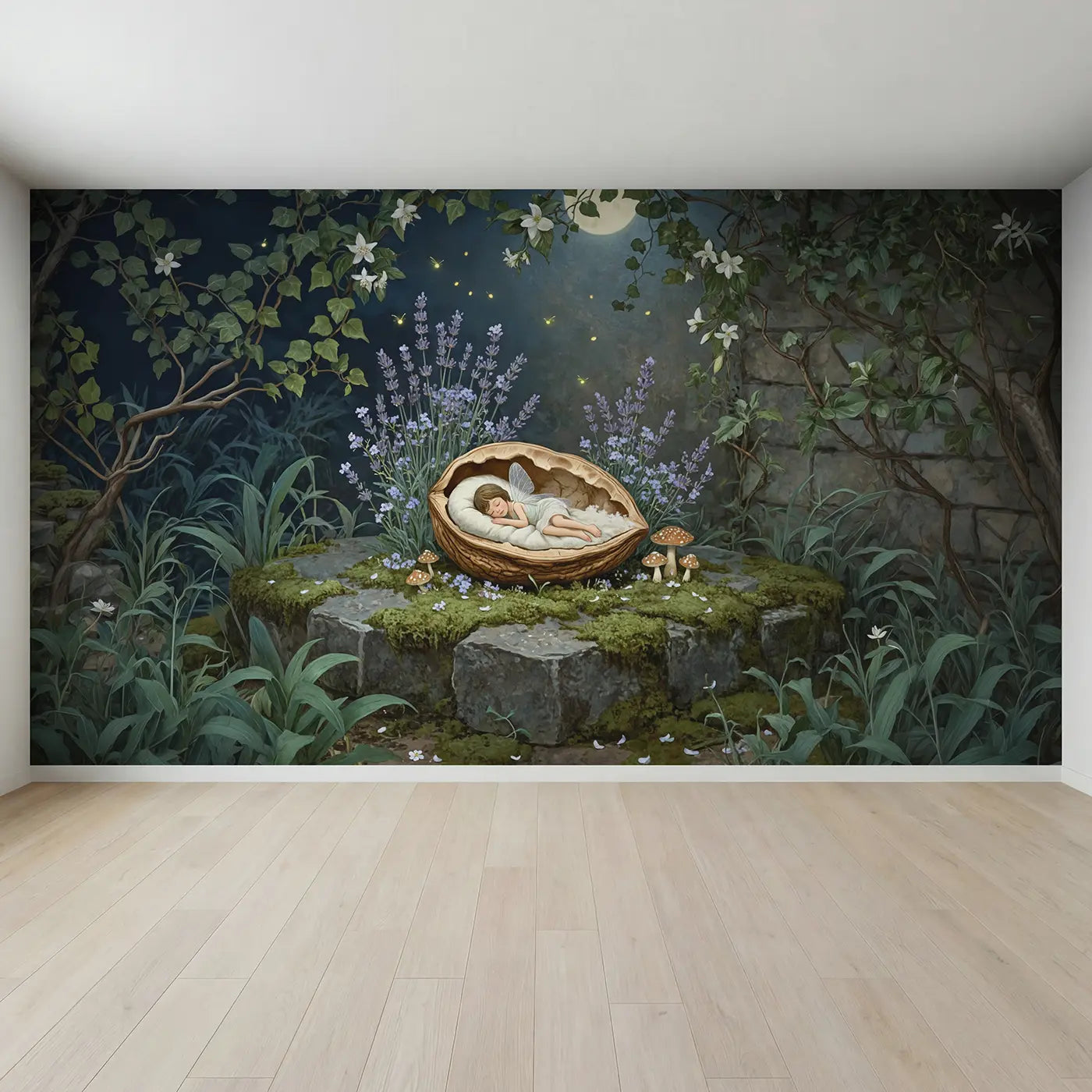 Full view of Sleeping Fairy Walnut Bed Wallpaper Mural by Whimsy Tots