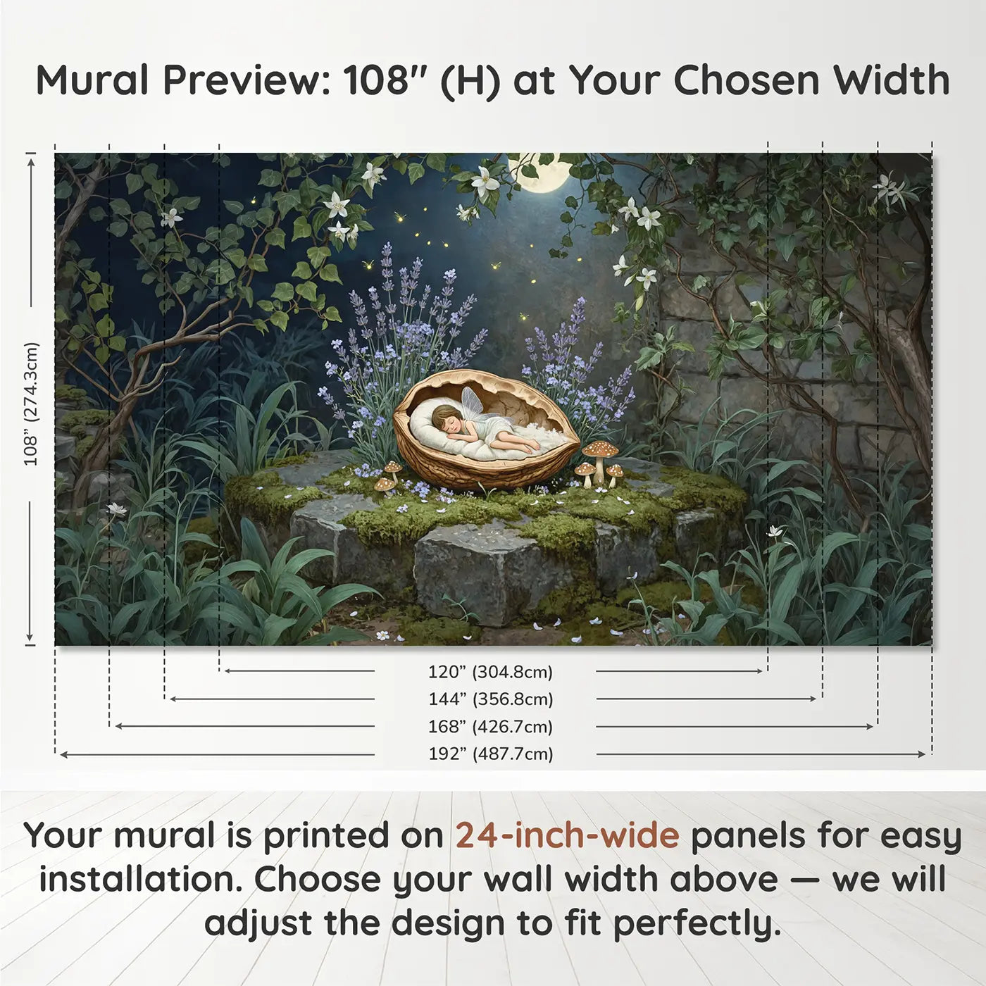 Panel layout and dimensions for Sleeping Fairy Walnut Bed Wallpaper Mural by Whimsy Tots