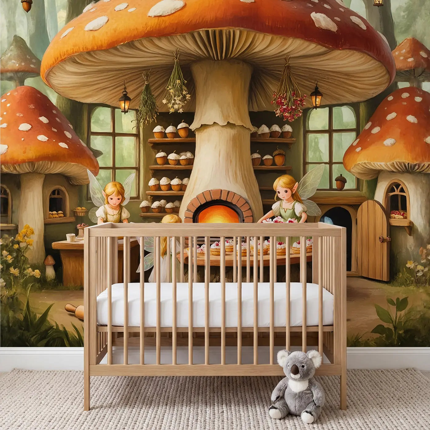 Soft pastel fairy acorn bakery wallpaper mural for nursery by Whimsy Tots