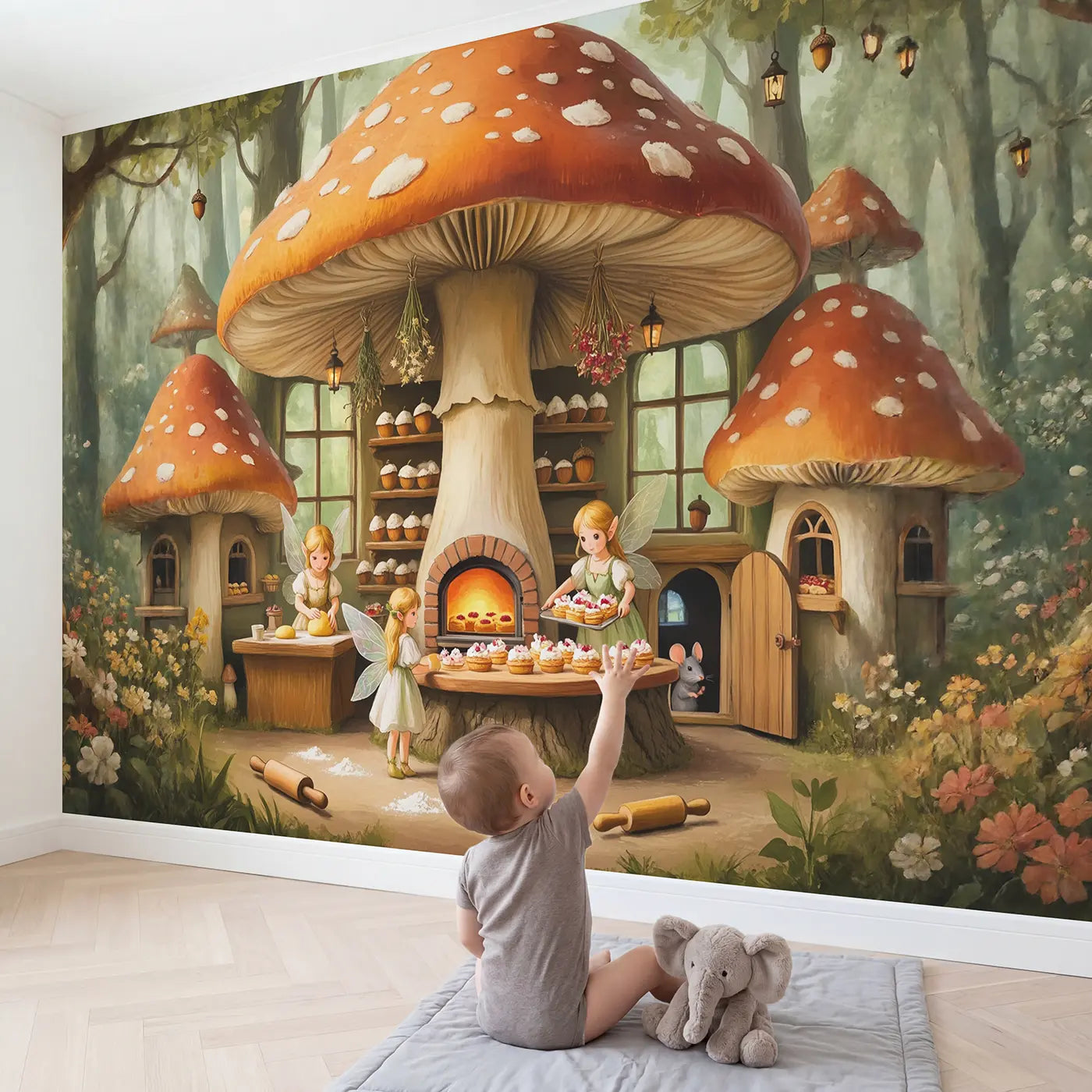 Child in nursery with Fairy Acorn Bakery Wallpaper Mural by Whimsy Tots