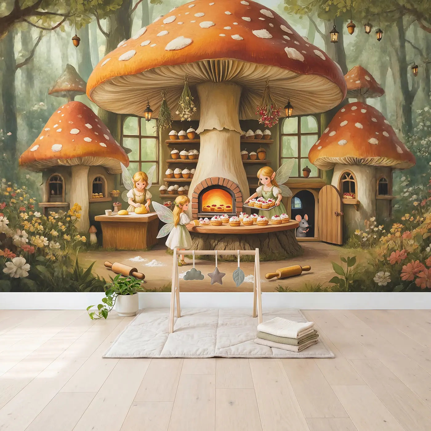 Fairy Acorn Bakery Wallpaper Mural in playroom setting by Whimsy Tots