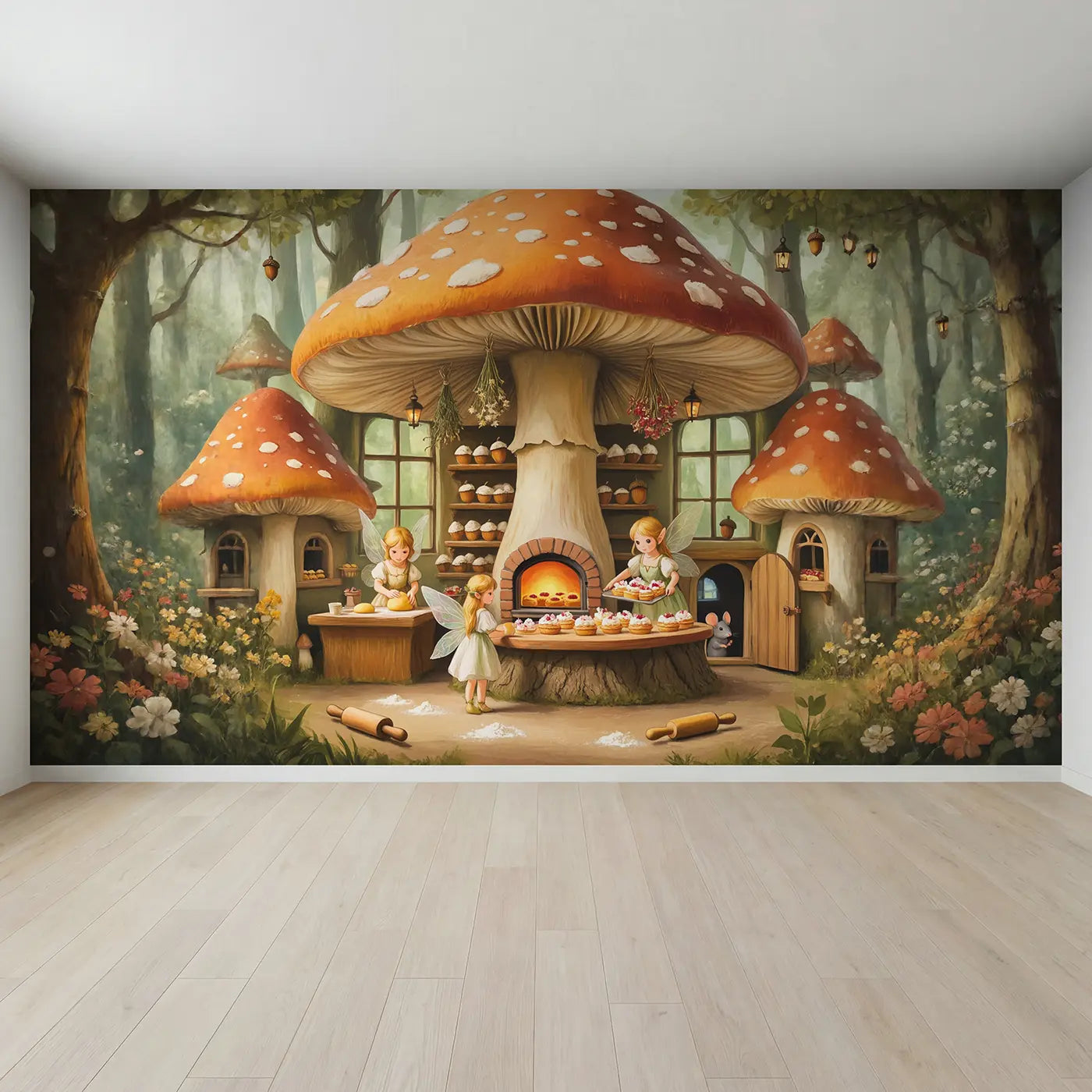 Full view of Fairy Acorn Bakery Wallpaper Mural by Whimsy Tots