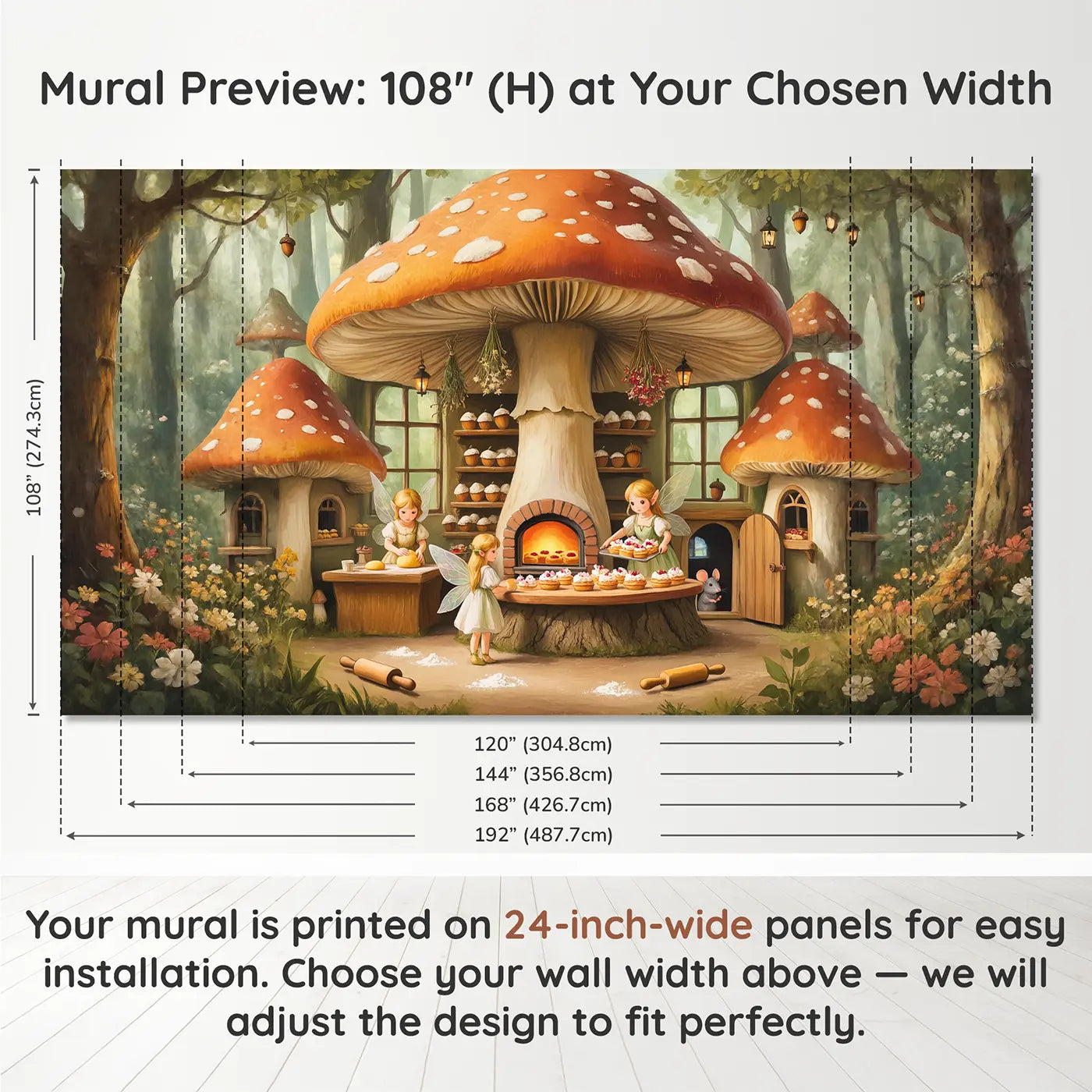Panel layout and dimensions for Fairy Acorn Bakery Wallpaper Mural by Whimsy Tots